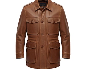Rugged Brown Cowhide Leather Field Coat | Classic 4-Pocket Hunting Style Jacket