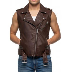 Men&#39;s Classic Brown Leather Vest - Biker Style Motorcycle Waistcoat, Real Leather, Sleeveless Jacket