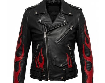 Schwarze Leder Bikerjacke für Herren mit roter Flamme Inlay | Klassischer asymmetrischer Moto-Stil