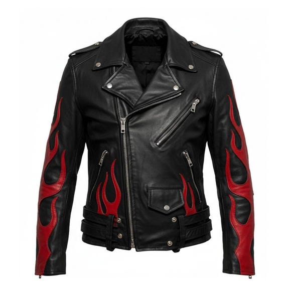 Men's Black Leather Biker Jacket With Red Flame Inlay | Classic