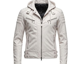 Chaqueta de motociclista de piel auténtica blanca: capucha desmontable, mangas acolchadas