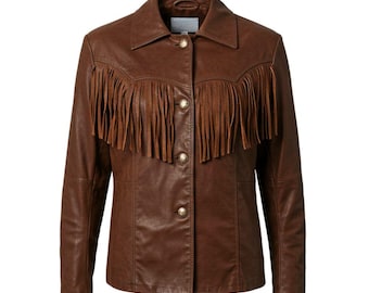 Chaqueta vaquera vintage de cuero con flecos - Abrigo de vaquera marrón hecho a mano