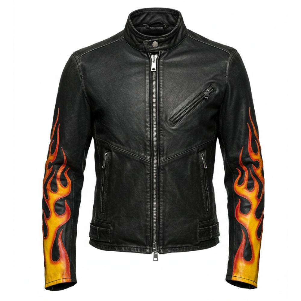 Men's Fire Flame Sheepskin Leather Biker Jacket | Made to Order - Etsy