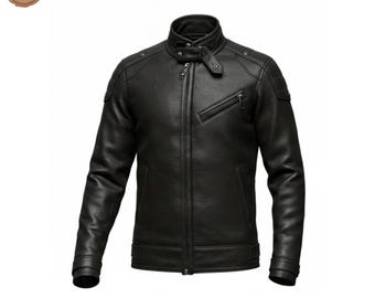 Men's Sheepskin Leather Moto Jacket: Handmade Biker Style Outerwear