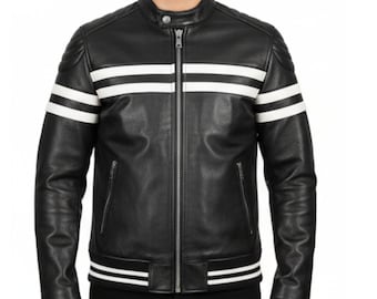 Handgefertigte Racer Bikerjacke für Herren | Echtes Schaffellleder | Schwarz & Weiß gestreift