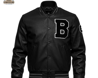 Chaqueta universitaria de piel de oveja auténtica: Bomber Letterman negra