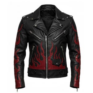 RED BUFF Leathers レッドバフ シングルライダース 黒 3L 革 Men's Black Leather Biker Jacket With Red Flame Inlay | Classic