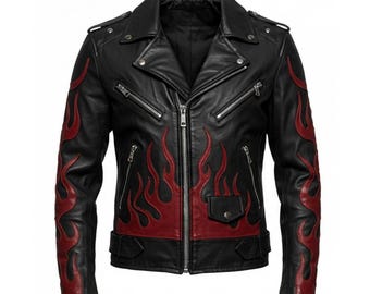 Men&#39;s Flame Rider Black Leather Motorcycle Jacket - Bold Fire Design  - Biker Style - Rocker Apparel