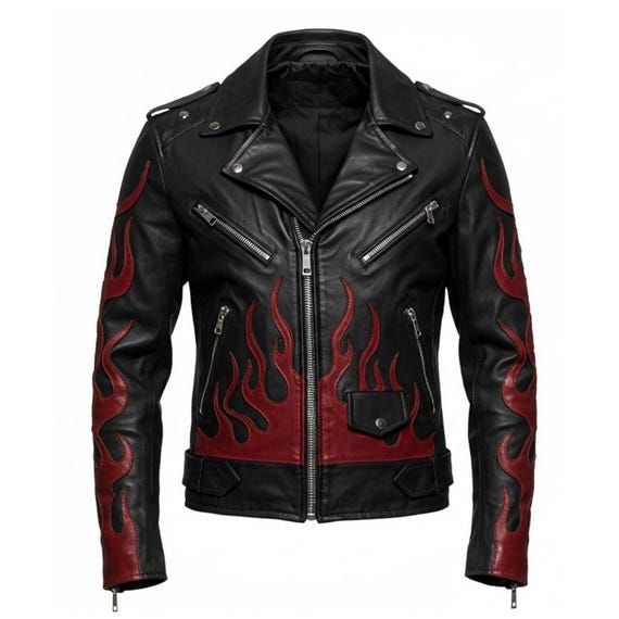 Men's Flame Rider Black Leather Motorcycle Jacket - Bold Fire