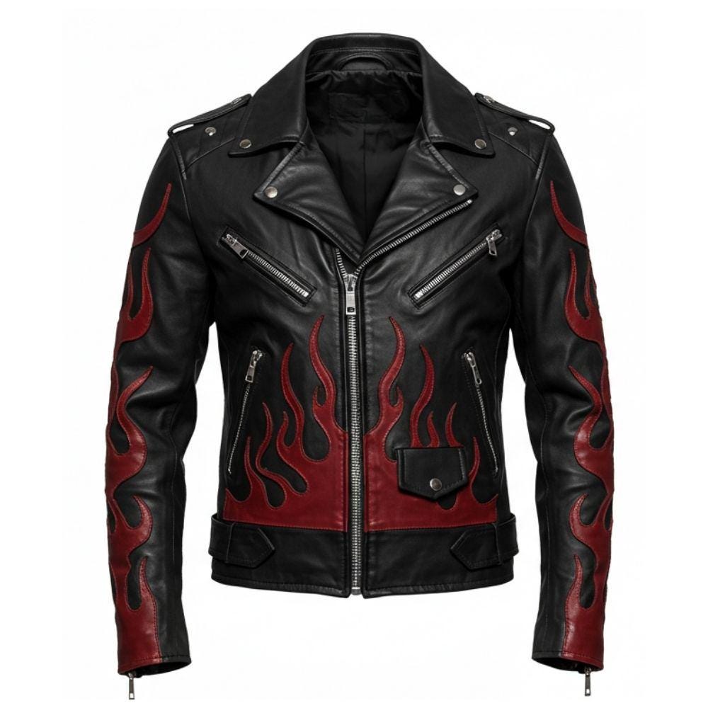 Men's Flame Rider Black Leather Motorcycle Jacket - Bold Fire