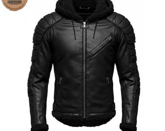 Men&#39;s Genuine Leather Biker Jacket: Quilted Shoulders & Removable Sherpa Hood