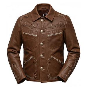 Men&#39;s Brown Sheepskin Leather Western Jacket - Custom Made