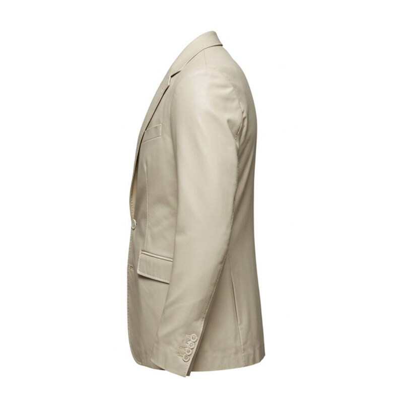 May include: A side view of a beige blazer. The blazer has a notched lapel, a two-button closure, and a single chest pocket. The sleeves have four buttons at the cuff. The blazer is made of a smooth, solid-colored fabric.