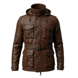 May include: A brown leather jacket with a hood, four front pockets, and a belt. The jacket has a button-up closure and a high collar. The jacket's measurements are not visible in the image.