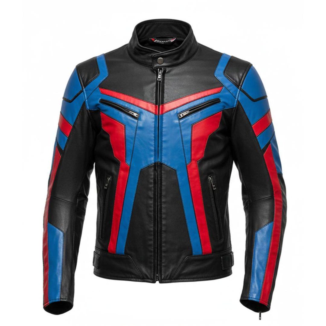 Red & Blue Sheepskin Leather Motorcycle Jacket: Racing Biker Style