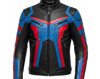 Red & Blue Sheepskin Leather Motorcycle Jacket: Racing Biker Style