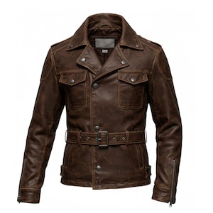 Brown Leather Safari Jacket, Vintage Inspired Men&#39;s Cowhide Field Jacket with Belt, Retro Style Distressed Leather Coat, Gifts for Him