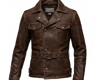 Chaqueta safari de cuero marrón desgastado: abrigo de campo de piel de vaca estilo vintage