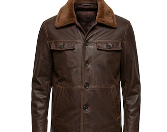 Chaqueta vaquera marrón de inspiración vintage: cuello de borreguillo sintético