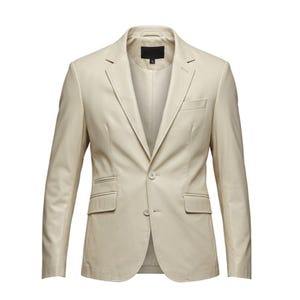 May include: A beige blazer with a notched lapel, two front pockets, and a single-button closure. The jacket has a tailored fit and a classic design, suitable for formal or business attire.