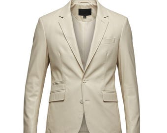 Blazer unisex de piel de oveja color crema: abrigo a medida hecho a mano
