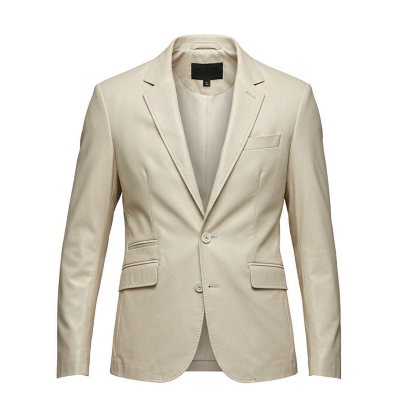 May include: A beige blazer with a notched lapel, two front pockets, and a single-button closure. The jacket has a tailored fit and a classic design, suitable for formal or business attire.