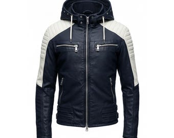 Chaqueta de motociclista de piel de oveja bicolor: capucha desmontable, estilo motociclista acolchado