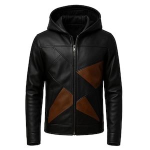 May include: Black leather jacket with a hood and a full-length zipper. The jacket features geometric brown leather patches on the front. The jacket has long sleeves and a tailored fit, suitable for outerwear.