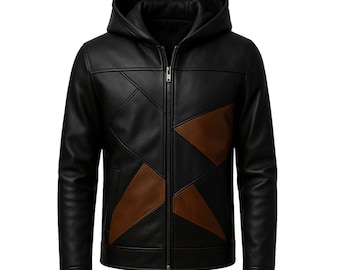 Męska czarna skórzana kurtka: patchworkowy wzór z odpinanym kapturem