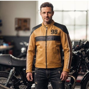 May include: A tan and black leather motorcycle jacket featuring a mandarin collar, a full-length front zipper, and the number 98 printed in black on the upper chest. The jacket includes black shoulder panels and vertical stripes along the sleeves.