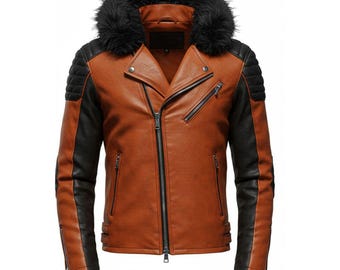 Men’s Orange & Black Leather Biker Jacket with Removable Fur Hood – Handmade Sheepskin or Cowhide