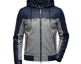 Herren Echtlederjacke mit abnehmbarer Kapuze, Moto Jacke im zweifarbigen Design