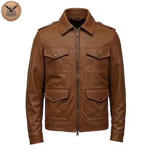 Blouson en cuir marron pour homme - Manteau de style militaire en peau de mouton véritable - Vêtements d'extérieur doux faits à la main avec poches - Fabriqué sur commande