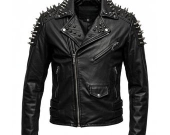May include: Black leather jacket with silver metal spikes on the shoulders and collar. The jacket features a diagonal zipper closure, multiple zippered pockets, and a small snap-closure pocket. The jacket has a classic biker style.