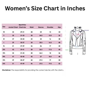 May include: A size chart in inches for women's jackets, with measurements for chest, waist, sleeves, shoulder, and hips. Includes a diagram of a jacket with labeled measurement points. Sizes range from XS to 6XL.