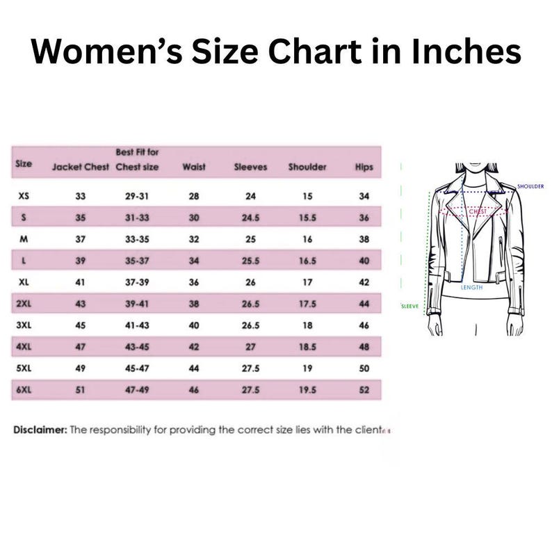 May include: A size chart in inches for women's jackets, with measurements for chest, waist, sleeves, shoulder, and hips. Includes a diagram of a jacket with labeled measurement points. Sizes range from XS to 6XL.