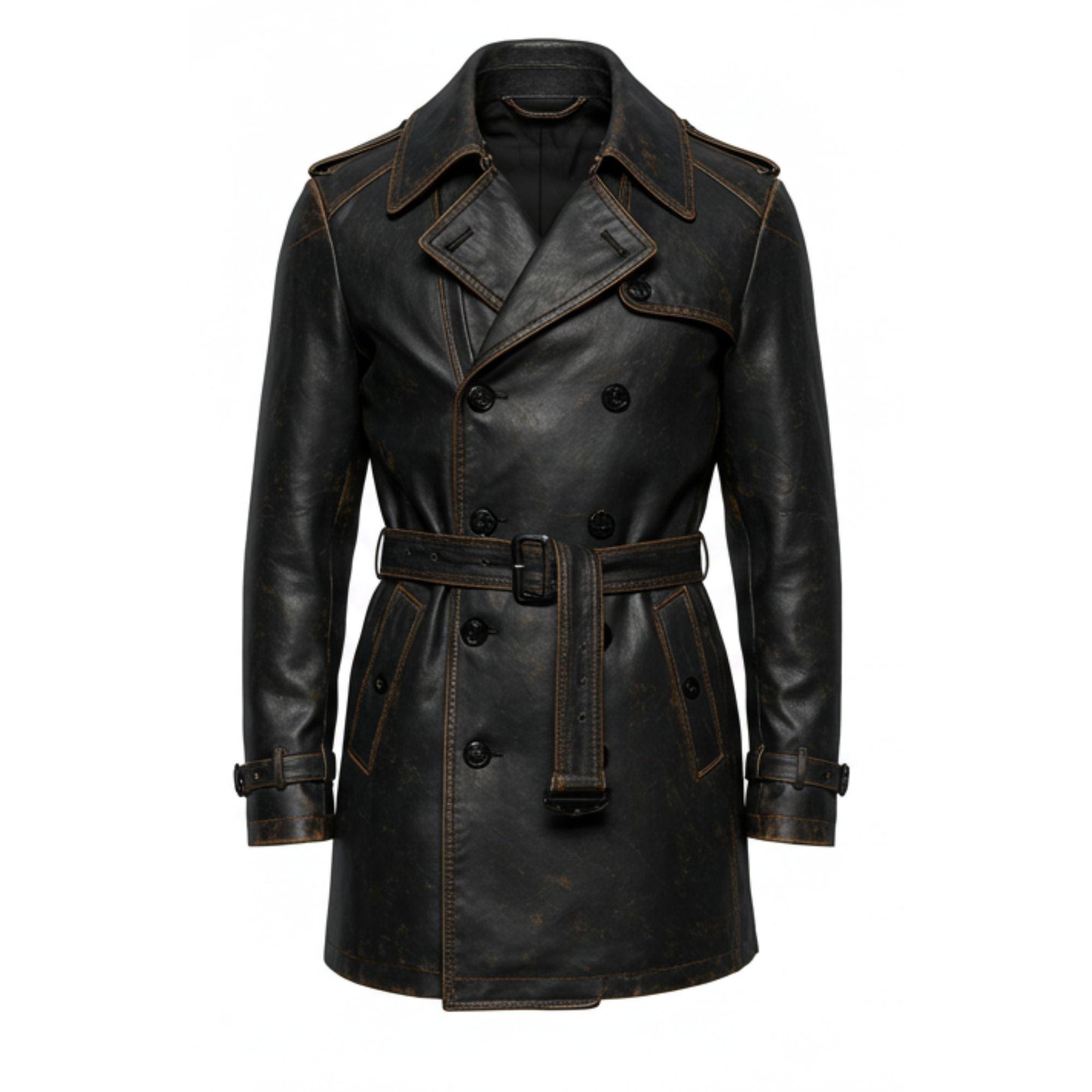 Vintage Inspired Black Leather Trench Coat, Men's Cowhide Double