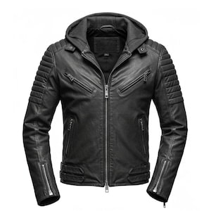 Herren Echtleder Bikerjacke mit abnehmbarer Kapuze, gesteppter Schulter, schwarzem Moto Bomber, weicher, handgefertigter Slim Fit-Oberbekleidung