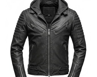 Chaqueta de motociclista de piel de oveja auténtica para hombre: capucha extraíble, hombros acolchados
