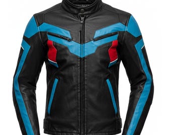 Red & Blue Sheepskin Leather Motorcycle Jacket: Black Biker Racing Coat