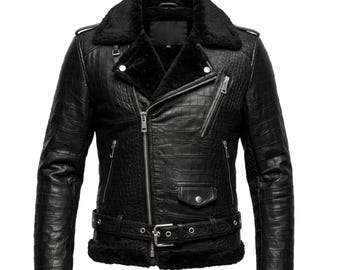 Krokodil geprägte Schaffellleder Bikerjacke mit Faux Shearling