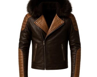 Handmade Two-Tone Leather Biker Jacket with Removable Fur Hood