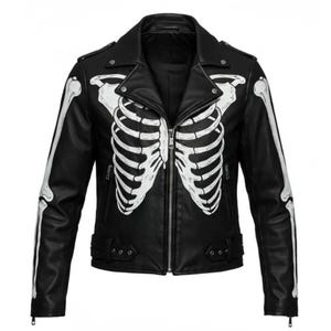 Skelett Print Leder Bikerjacke: Handbemalte Goth Punk Style