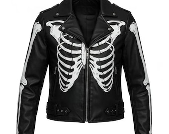 Chaqueta de motociclista de cuero con estampado de esqueleto: estilo gótico punk pintado a mano