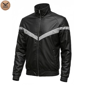 Men&#39;s Black Leather Jacket with Grey Stripes & Zipper Details – Stylish Moto Track Jacket for Men – Premium Sheepskin, Trendy Outerwea