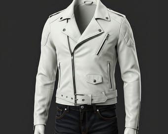 Chaqueta de motociclista de piel de oveja blanca: cremallera asimétrica y rayas de carreras