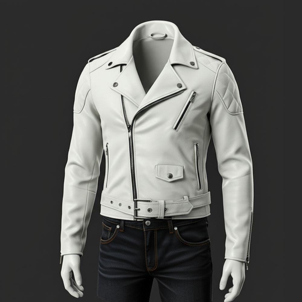White Sheepskin Leather Biker Jacket: Asymmetrical Zip, Racing