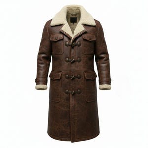 May include: A brown leather coat with a cream-colored shearling collar and lining. The coat features four front pockets, toggle closures, and shearling cuffs. This long coat is a classic outerwear piece.