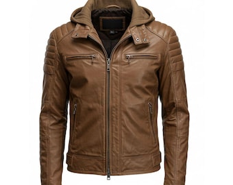 Chaqueta de motociclista de piel de oveja color canela con capucha extraíble para hombre
