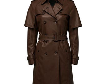 Men's Lambskin Leather Trench Coat: Classic Brown Longline Jacket